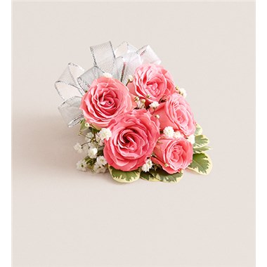 Pink Spray Rose Corsage-Silver Bow