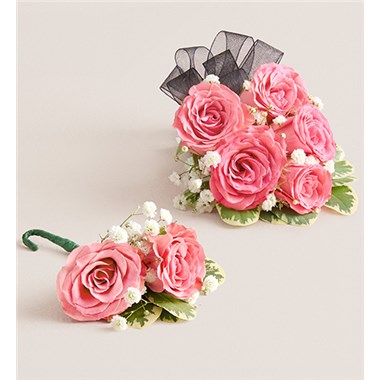 Pink Spray Corsage & Bout Black Bow